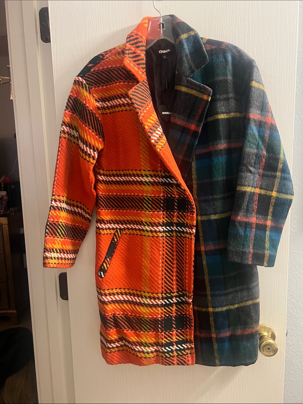 Kids' Reversible Plaid Pea Coat in Orange & Green